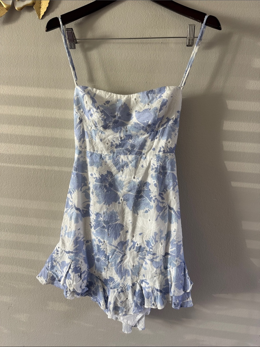 Blue & White Floral Satin Slip Chemise with Ruffle Hem